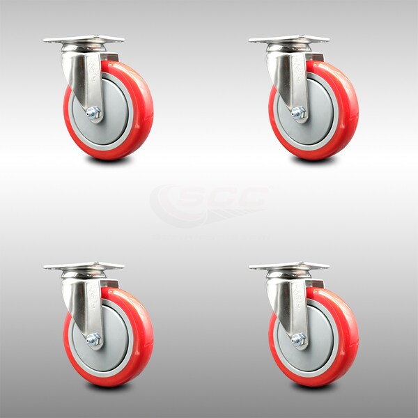 5 Inch 316SS Red Polyurethane Wheel Swivel Top Plate Caster Set